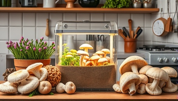 An artistic display featuring a cozy kitchen corner with a beautifully presented mushroom grow kit, surrounded by fresh mushrooms of different varieties, evoking a sense of culinary creativity and homegrown goodness.