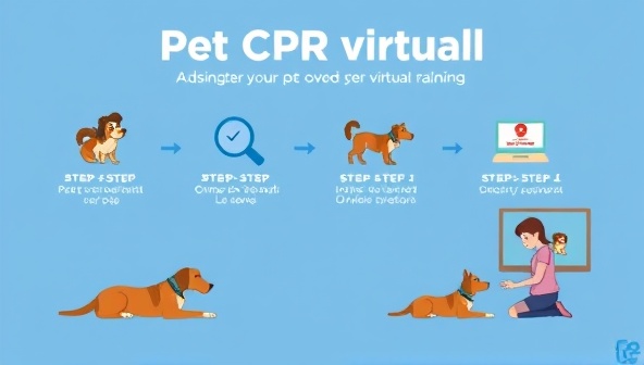 An infographic displaying the step-by-step process of administering pet CPR virtually, featuring animated illustrations of a pet owner learning the technique during a virtual training session.