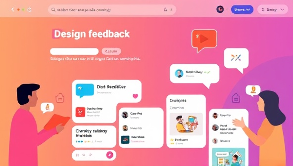 An online platform interface displaying a vibrant design feedback community, with designers giving and receiving critiques on various projects, accompanied by visual cues like speech bubbles and thumbs-up icons, symbolizing collaboration and improvement.
