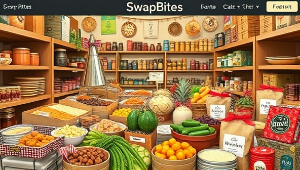 A lively and diverse image of the SwapBites virtual marketplace, featuring a variety of homemade and artisanal food items showcased by users, interactive chat features for connecting with other swappers, and a vibrant community atmosphere that promotes culinary exchange and creativity.