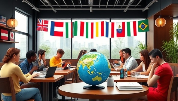 A digital language cafe scene with diverse avatars conversing in various languages, language flags hanging in the background, virtual language textbooks on the tables, and a globe symbolizing global language connections, capturing the vibrant and interactive nature of LinguaConnect Hub's online language learning community.