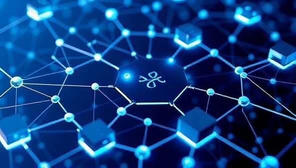 A modern and futuristic visualization of interconnected blockchain blocks forming a digital marketplace hub, symbolizing the secure and transparent ecosystem of BlockDesign Hub for web designers and clients.