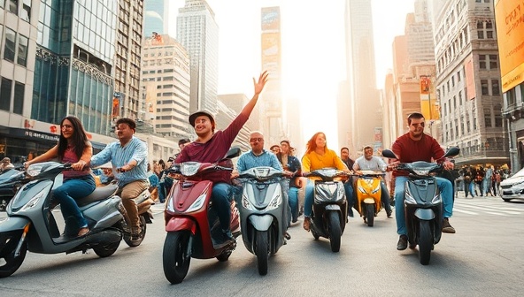 An engaging visual of a diverse group of people riding different micro-mobility vehicles through a bustling cityscape, showcasing the variety and excitement of urban exploration with MicroMove Fleet's subscription service.