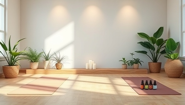 A serene virtual meditation room setting with calming nature elements, yoga mats, and essential oils, promoting relaxation and a holistic approach to wellness coaching.