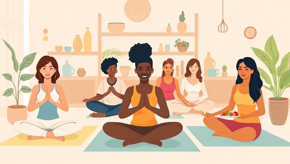 An artistic illustration featuring diverse individuals practicing yoga, cooking healthy meals, and meditating together virtually, capturing the essence of community and wellness in a digital setting.