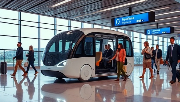 An airport terminal scene with passengers boarding an autonomous shuttle, featuring a futuristic and streamlined design, symbolizing the cutting-edge technology and efficiency of airport transfers facilitated by AirRide Autonomy's autonomous shuttle service.