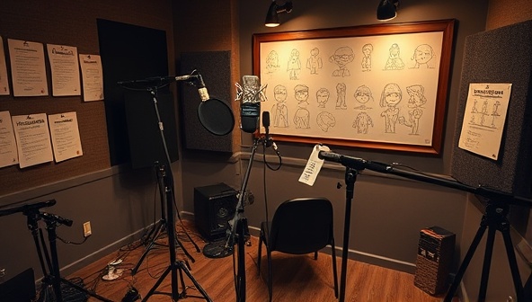 An atmospheric studio setup with microphone stands, soundproofing panels, and recording equipment, surrounded by script drafts, character sketches, and sound effect props, capturing the essence of creative podcast production at Echo Tales Studio.