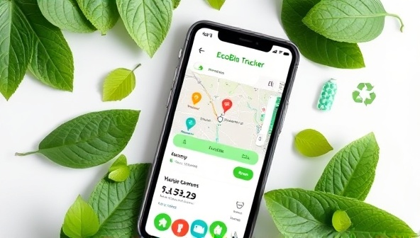 An interactive smartphone screen displaying the EcoBin Tracker app interface with colorful recycling icons, waste tracking statistics, and a map showing nearby recycling centers, surrounded by green leaves and eco-friendly symbols, signaling a commitment to sustainable waste management.