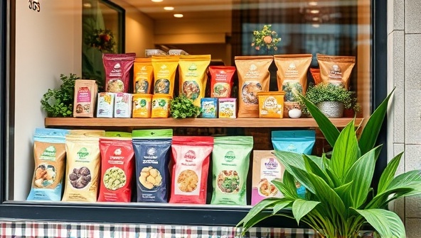 A storefront window display featuring a variety of colorful and eco-friendly food packaging options, with vibrant green plants accentuating the environmentally friendly theme.
