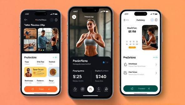 An engaging app interface displaying personalized fitness plans, nutrition recommendations, and progress tracking features, with a virtual coach guiding users through workouts, creating a dynamic and interactive fitness experience.