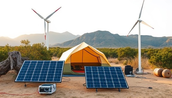 An adventurous scene with a camping setup powered by portable solar panels and wind turbines, surrounded by nature and showcasing the freedom and sustainability of off-grid energy solutions.