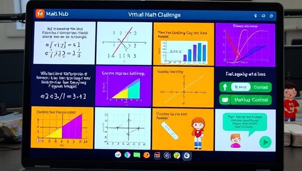 A dynamic virtual math challenge session displayed on a computer screen, featuring a mix of mathematical equations, colorful graphs, and animated characters engaging in problem-solving activities, illustrating the interactive and educational nature of MathQuest Hub.