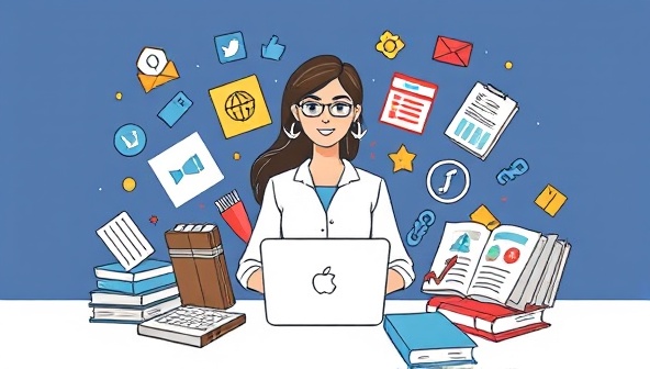 An illustration of a small business owner surrounded by various marketing tools and resources, including laptops, social media icons, and marketing guides, symbolizing empowerment and knowledge through the Marketing Maven Kit subscription service.