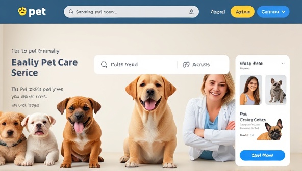 A vibrant and pet-friendly online marketplace interface featuring happy pets, smiling caregivers, and a variety of pet care services displayed in a visually appealing layout, creating a sense of trust and reliability for pet owners seeking quality pet care.
