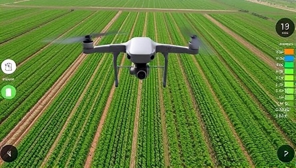 An aerial view captured by a drone showing a lush agricultural landscape with detailed crop rows, irrigation patterns, and vegetation health indicators, highlighting the precision and data-rich insights provided by the AeroField Insights mapping service.