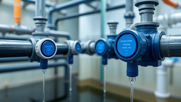 An image of a water treatment facility with AquaSense Tech sensors installed in the water pipes, monitoring water quality parameters in real-time and sending alerts to the control center, ensuring clean and safe water supply for the community, highlighting technology-driven water quality management.