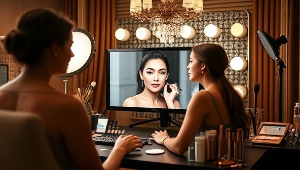 An elegant virtual beauty studio setup with a professional makeup artist demonstrating techniques on a model through a video call, surrounded by a backdrop of luxurious beauty products and tools, creating a virtual beauty oasis.