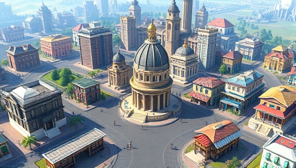 An immersive visual representation of a bustling virtual real estate marketplace within a popular gaming world, showcasing diverse properties, auctions, and player avatars engaging in transactions, highlighting the lucrative and dynamic nature of GameLand Ventures.