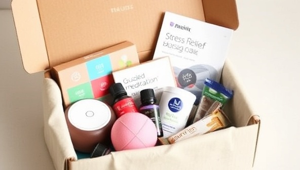 An enticing visual of a wellness subscription box filled with travel-friendly products, including a portable essential oil diffuser, stress-relief massage balls, a guided meditation booklet, and organic energy bars, creating a sense of relaxation and rejuvenation for travelers on the go.