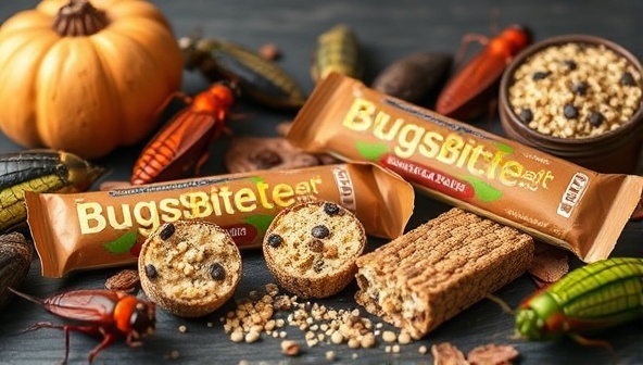 An artistic food photography composition featuring BugsBite Delights energy bars and snacks creatively displayed with whole insects, showcasing the natural and nutritious aspect of insect-based protein products in an aesthetically pleasing manner.