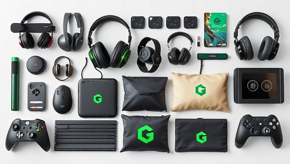 An array of stylish and modern gaming accessories made from recycled materials, featuring sleek designs and eco-friendly branding elements, highlighting the sustainable and environmentally conscious products offered by EcoGamer Gear.