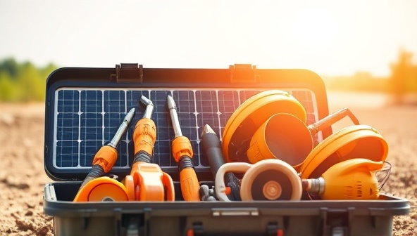 A collection of solar-powered construction tools neatly arranged in a portable toolbox under the bright sun, showcasing the convenience and sustainability of using solar energy for construction projects in outdoor settings.