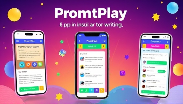 A vibrant and dynamic visual representation of the PromptPlay app interface, featuring colorful writing prompts, interactive game elements, and a lively community chat section, illustrating the app's gamified approach to writing inspiration and skill development in a visually engaging and stimulating way.