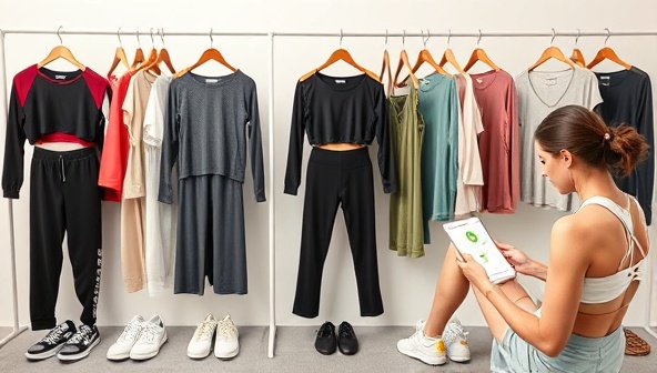 A stylish visual of a collection of rented fitness outfits displayed on hangers and racks, showcasing trendy activewear pieces, sneakers, and accessories, with a user browsing the platform on a tablet, highlighting convenience and fashion-forward fitness options.