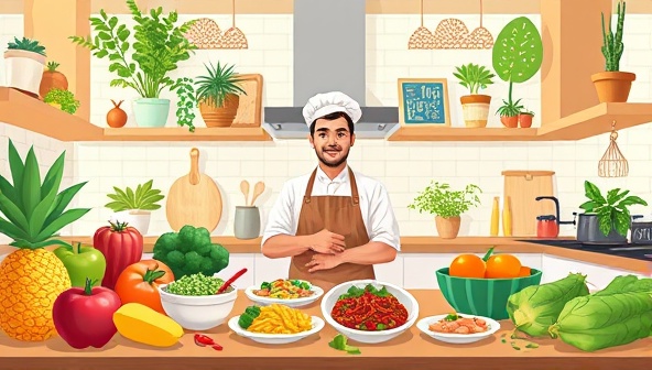 A vibrant digital illustration featuring a virtual kitchen scene with a variety of colorful plant-based ingredients, cooking utensils, and a chef guiding an online cooking class, inspiring participants to create delicious and sustainable dishes from the comfort of their homes.