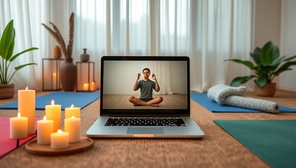 A serene virtual wellness retreat setting with a laptop showing a live meditation session, surrounded by candles, yoga mats, and plants, evoking a peaceful and rejuvenating atmosphere.
