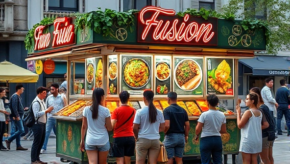 An eye-catching food cart featuring colorful fusion dishes with a diverse group of customers enjoying their meals in a bustling urban setting.