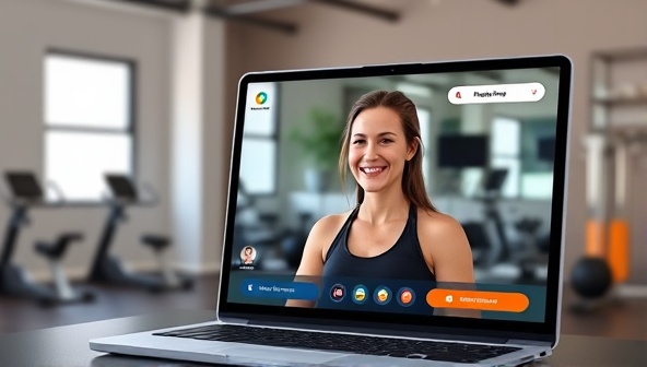 A digital platform interface showing a user interacting with a virtual fitness coach through a video call, with workout equipment in the background, illustrating convenience and personalized guidance.