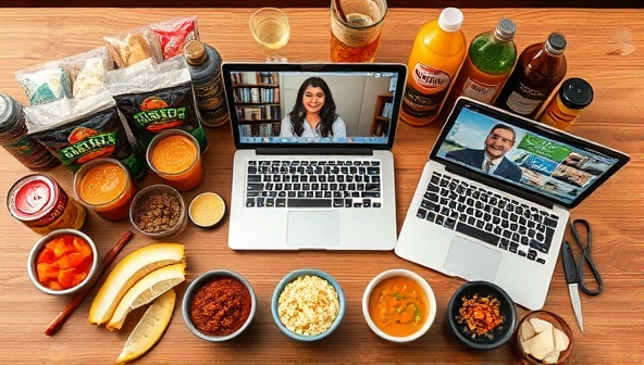 A diverse selection of international snacks, beverages, and spices arranged on a virtual tasting table, accompanied by a laptop displaying a live tasting session with a knowledgeable host, conveying a sense of culinary discovery and cultural exploration.