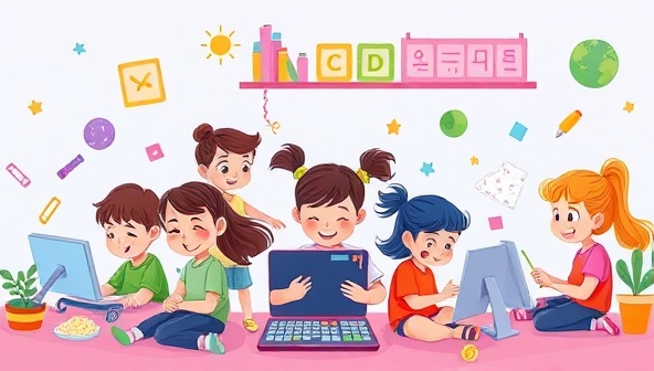 An imaginative and colorful digital illustration of children participating in various online workshops, each engaged in a different activity like coding, painting, and cooking, creating a vibrant and dynamic learning environment.