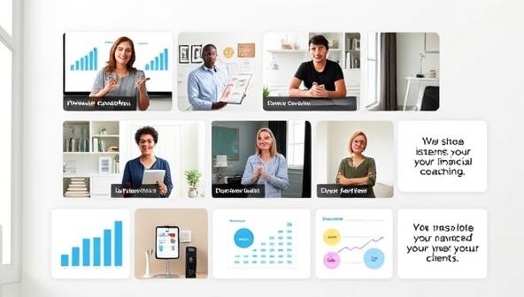An engaging virtual platform interface showcasing diverse financial coaching sessions in progress, with interactive tools, charts, and motivational quotes to inspire clients towards financial empowerment.