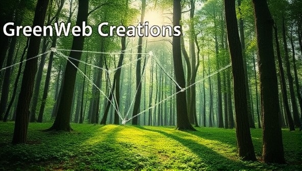 A digital forest landscape with interconnected web elements symbolizing the fusion of nature and technology in GreenWeb Creations' eco-friendly web design approach, showcasing a harmonious blend of sustainability and creativity.
