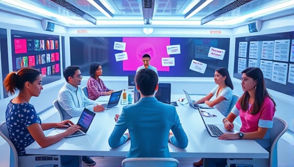 A futuristic virtual classroom setting with avatars of diverse students engaging in language lessons, with interactive language exercises floating in the virtual space, creating a dynamic and immersive learning environment.