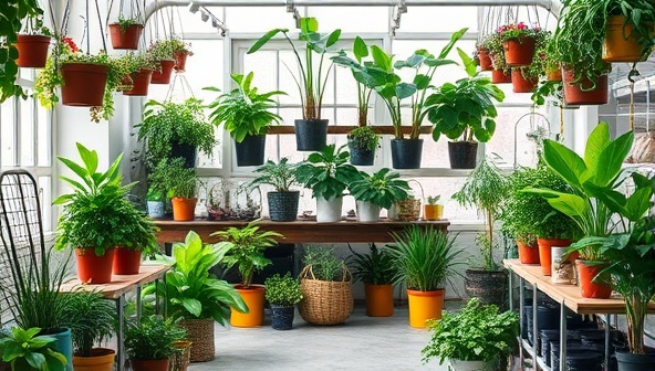A vibrant and lush indoor plant nursery setup with diverse plant varieties, hanging planters, gardening tools, and a workshop area equipped with terrarium supplies and greenery, creating a welcoming and educational environment for plant lovers.