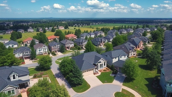 Aerial drone photography of a beautiful suburban neighborhood with lush greenery, modern houses, and a scenic view, showcasing the captivating and immersive perspective provided by SkyView Estates' drone services.
