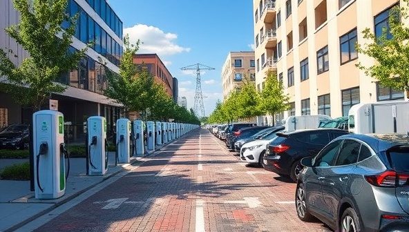 An urban streetscape featuring a network of sleek EV charging stations with electric vehicles parked and being charged, surrounded by green spaces and renewable energy sources, highlighting the sustainability and convenience of ChargeHub's subscription-based EV charging network.