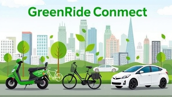 An eco-friendly image showcasing a diverse array of green transportation options such as electric scooters, bicycles, and hybrid cars against a backdrop of a bustling cityscape, highlighting the convenience and sustainability of transportation choices available through GreenRide Connect.