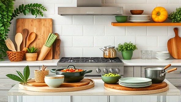 An inviting kitchen setup showcasing a variety of GreenGourmet's eco-friendly kitchenware products such as bamboo utensils, reusable straws, plant-based cookware, and compostable tableware, embodying a sustainable and stylish cooking environment.