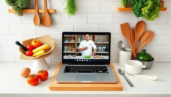An inviting kitchen setup with fresh ingredients, cooking utensils, and a laptop displaying a live cooking class, with a chef engaging participants virtually and sharing cooking tips, creating a dynamic and educational atmosphere.
