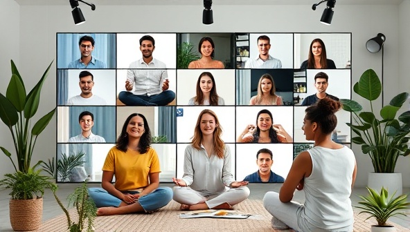 A virtual meeting room displaying a diverse group of remote employees engaged in a mindfulness session led by a wellness consultant, surrounded by plants and calming decor, promoting a harmonious work environment and employee satisfaction.