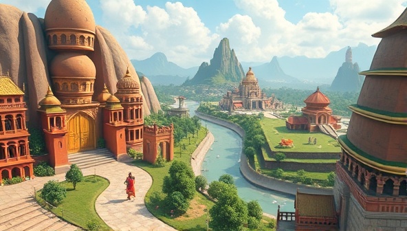 An interactive language learning quest scene where users navigate through different cultural landscapes, solve language puzzles, and engage with native speakers, showcasing the immersive and educational journey of LingoQuest's online language adventures.