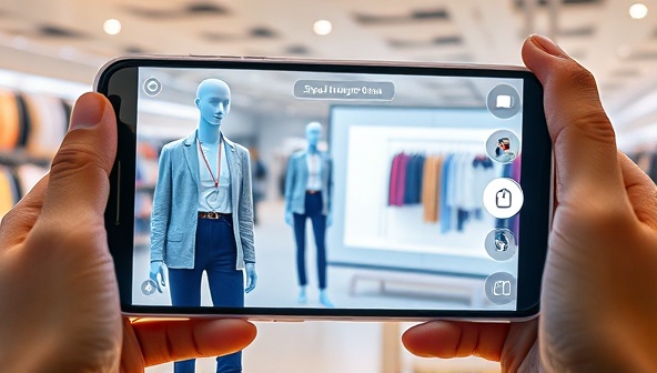 An immersive AR visualization of a user trying on virtual clothing items through a smartphone application, showing the seamless integration of virtual garments onto the user's video feed, with interactive sizing and styling options, conveying a futuristic and engaging shopping experience.