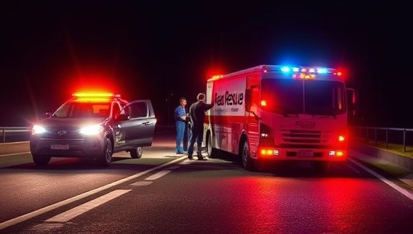 A nighttime roadside scene with a stranded driver receiving prompt assistance from a RoadRescue Network vehicle, illuminated by emergency lights and surrounded by a supportive team of professionals, illustrating the reliability and security provided by the service.