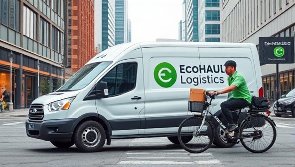 An electric delivery van and a bike courier standing side by side, ready to deliver packages in a bustling urban environment, showcasing the efficiency and sustainability of EcoHaul Logistics' green delivery network.