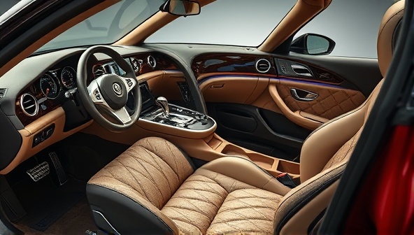 An artistic image displaying a beautifully customized car interior with bespoke upholstery, customized dashboard features, and personalized accessories, set against a backdrop of luxury materials and intricate detailing, highlighting the elegance and uniqueness of the studio's work.