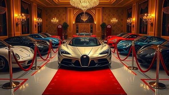 A glamorous image featuring a lineup of exotic and vintage cars in a posh setting, with a red carpet and velvet ropes, highlighting the elegance and sophistication of the DriveLux Subscription Club, conveying the allure and prestige of accessing exclusive vehicles.